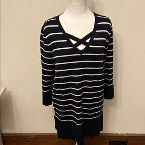Isela navy blue white striped long sweater Size L EUC